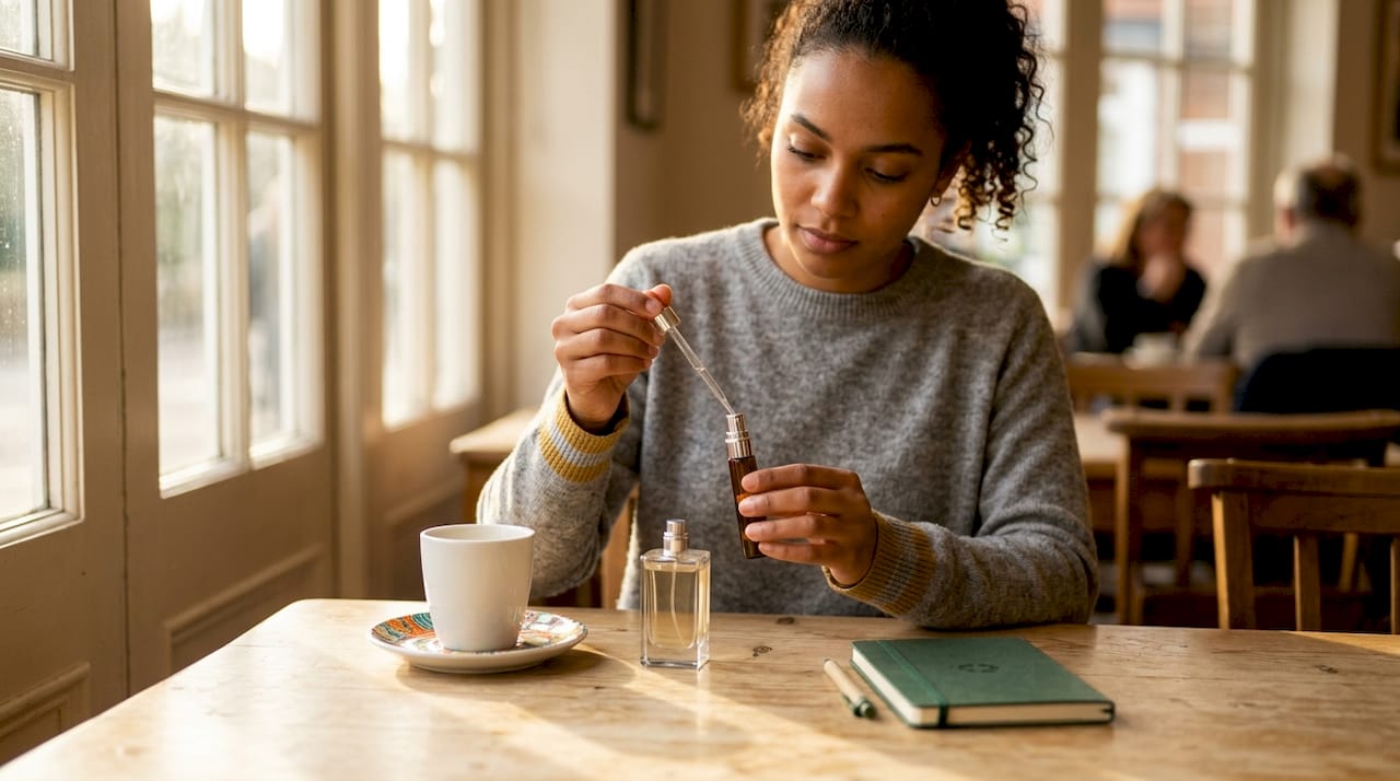 Woman filling portable perfume atomizer at home