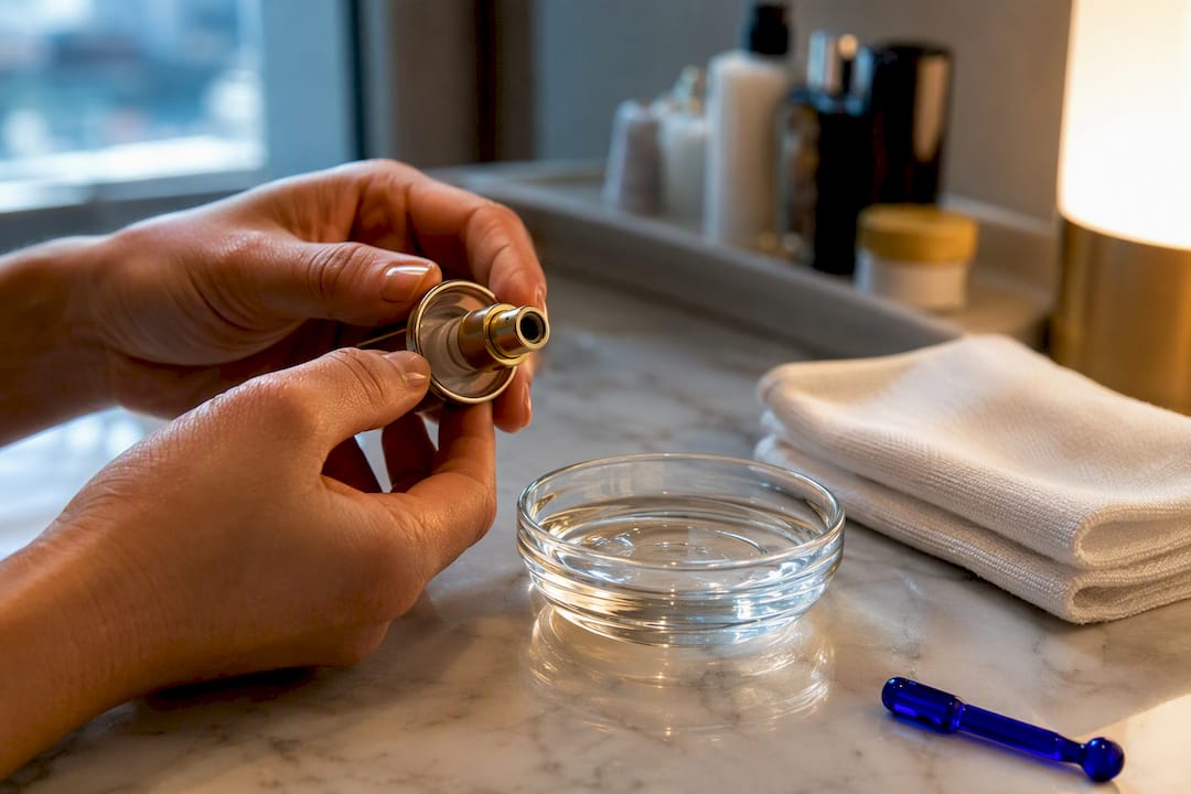 Hands inspecting a clean fragrance nozzle