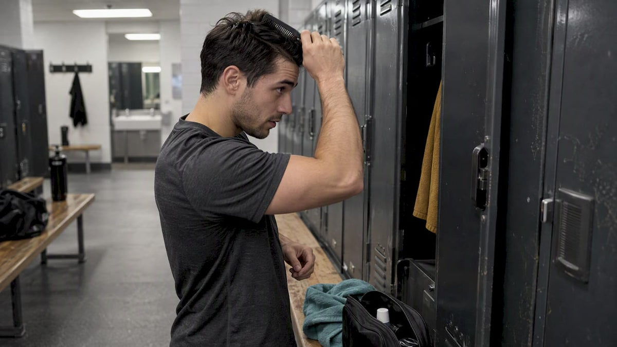 Athlete combing hair after a workout