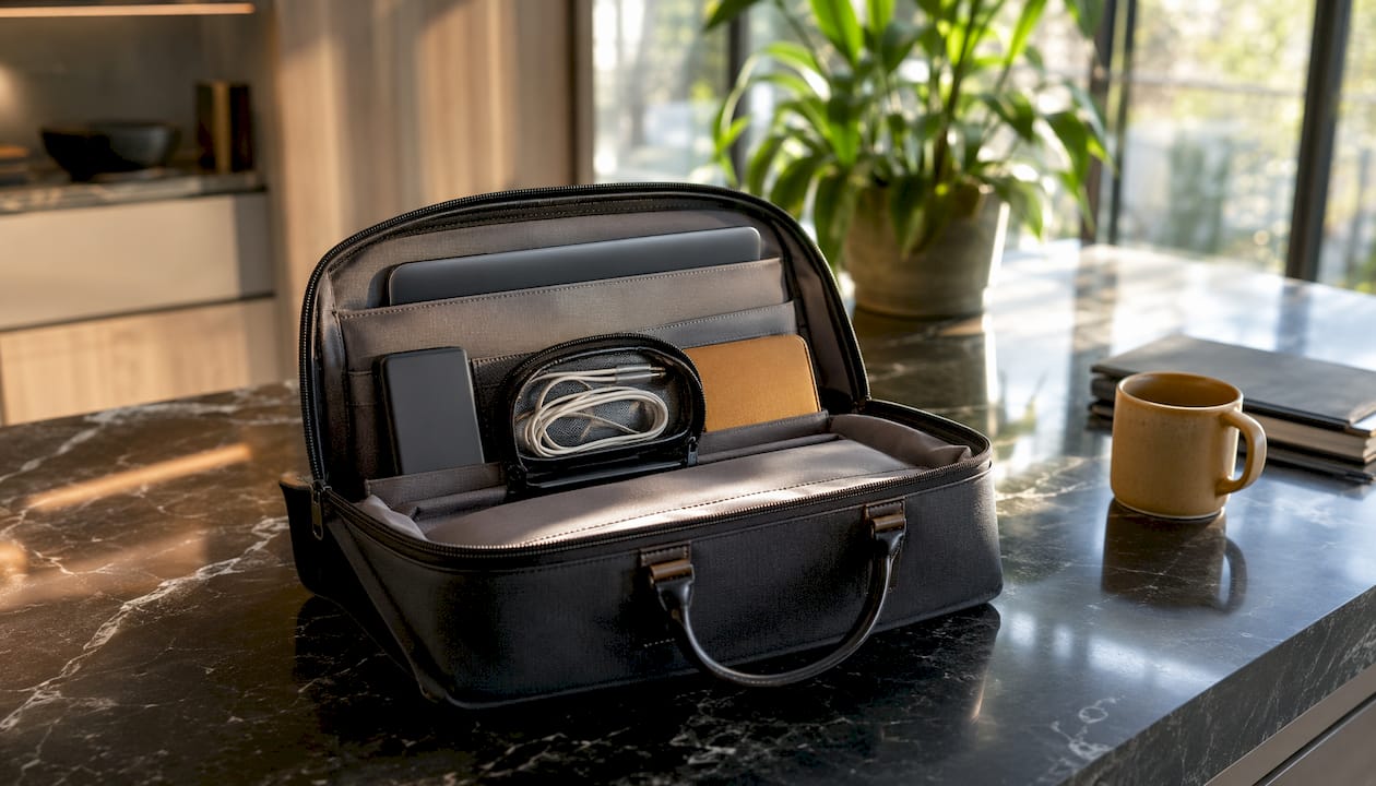 Organized professional leather work bag and tech essentials