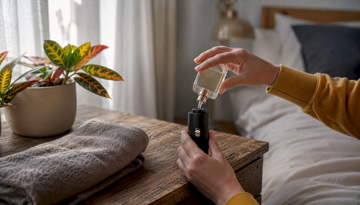 Refillable travel perfume spray bottle being refilled on counter