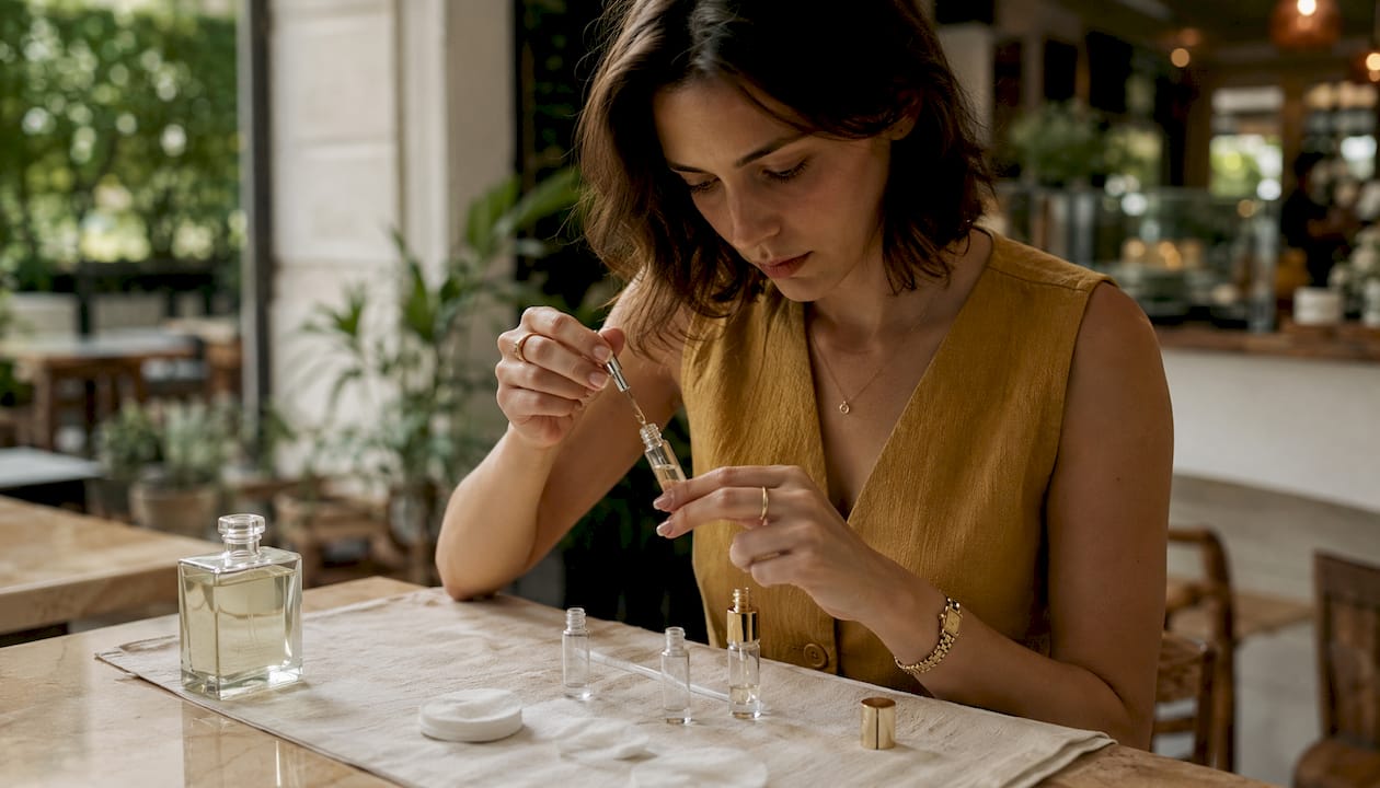Woman filling mini perfume bottle for travel