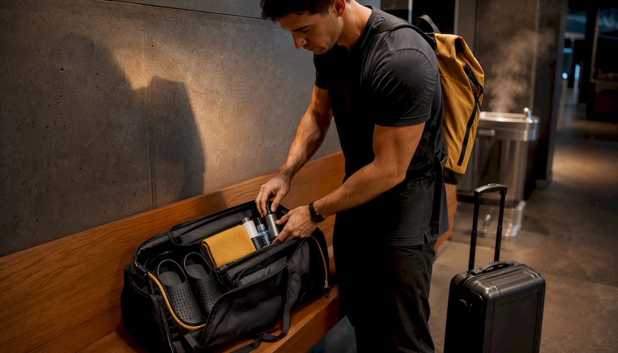 Gym bag with shower essentials in locker room