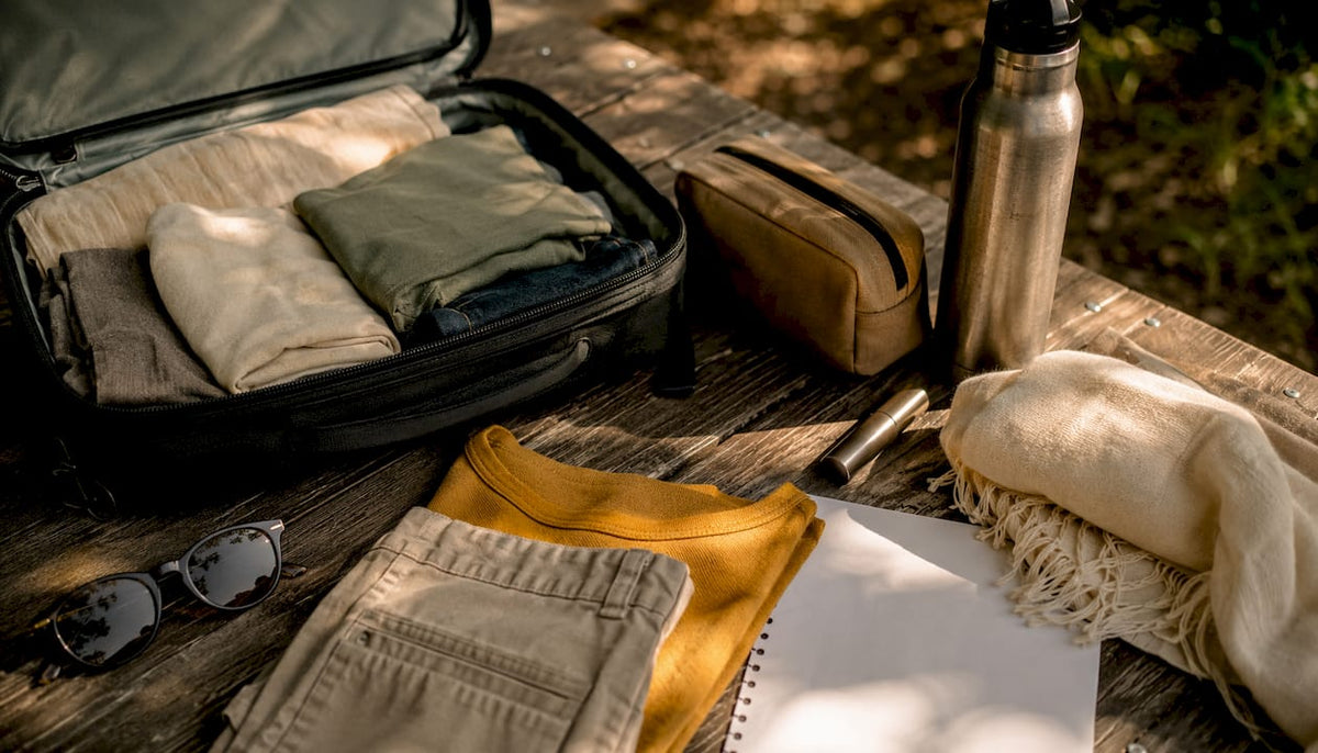 Minimalist travel packing essentials flatlay