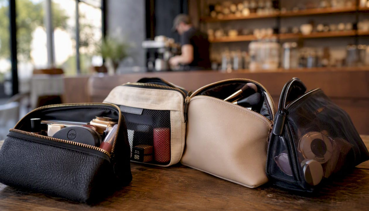 Travel makeup bags open with packed cosmetics