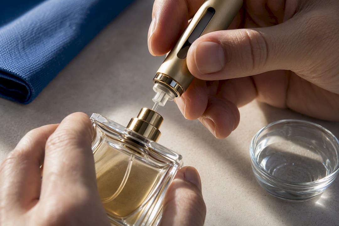 Hands aligning a perfume refill connection
