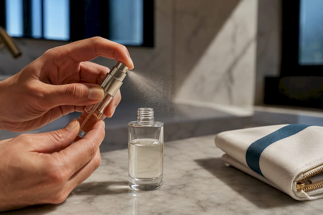 Hands purging air from travel atomizer