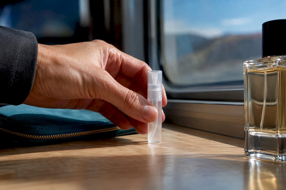 Travel perfume containers beside glass bottle