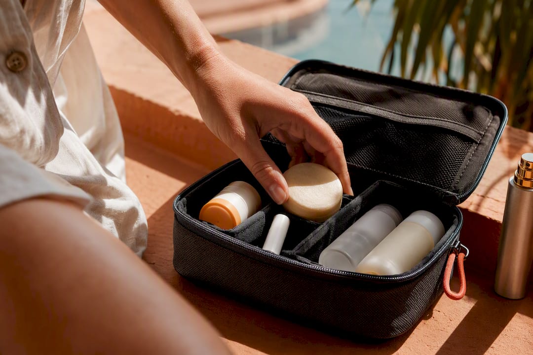 Hot-climate toiletries arranged in travel organizer
