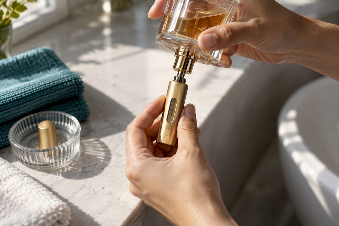 Hands positioning atomizer beneath perfume sprayer