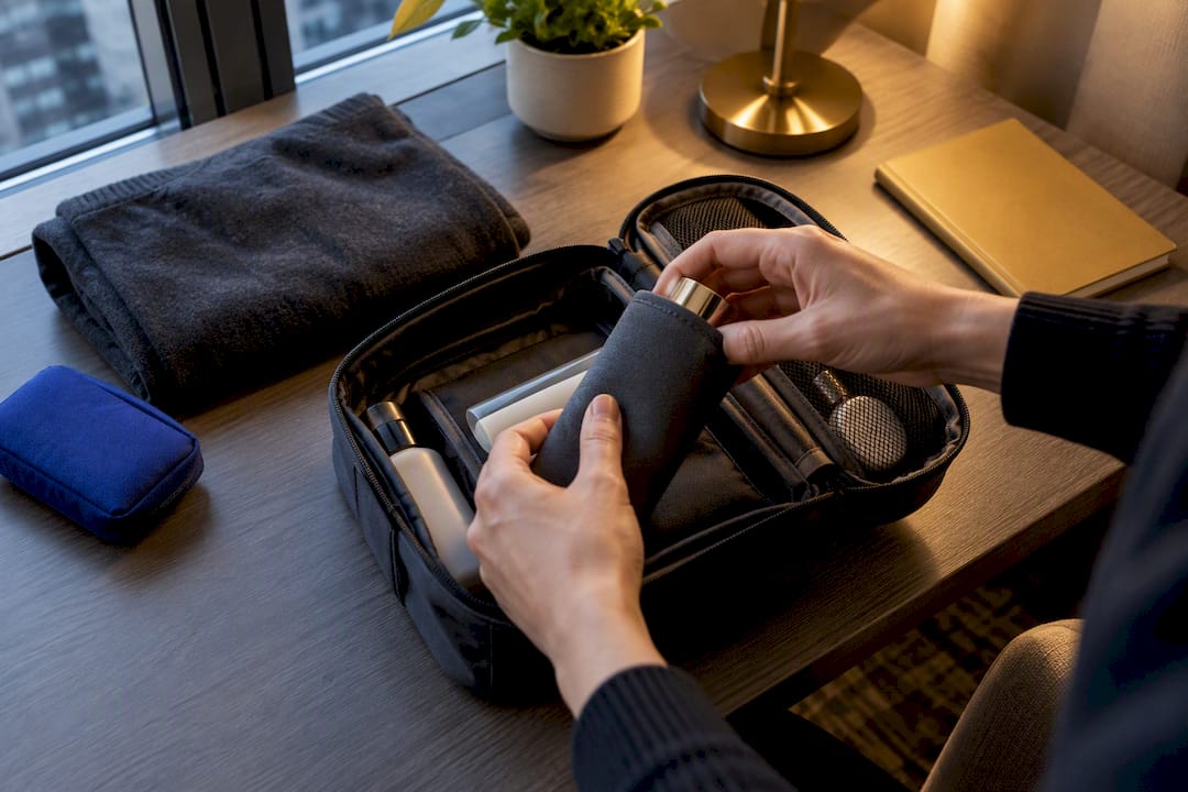 Hands protecting fragrance container in luggage