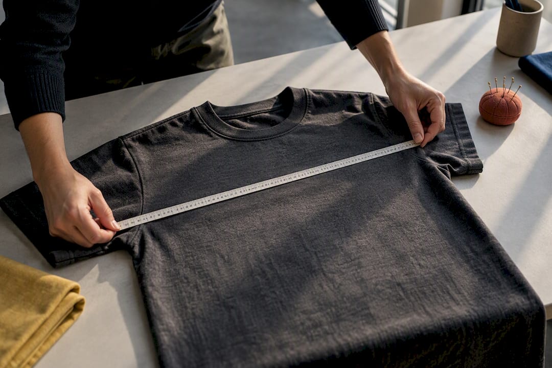 Hands measuring heavyweight T-shirt chest width