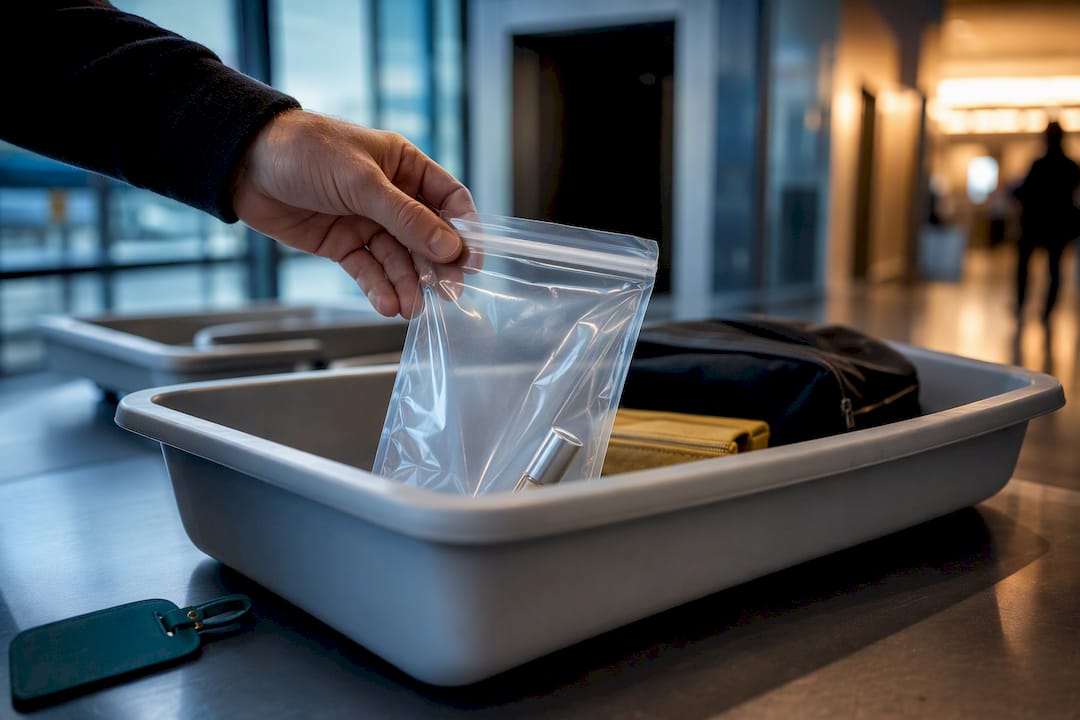 Traveler lifting perfume liquids bag at airport security