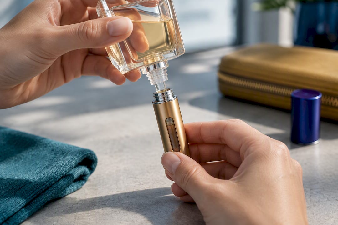 Hands refilling an atomizer from tester bottle