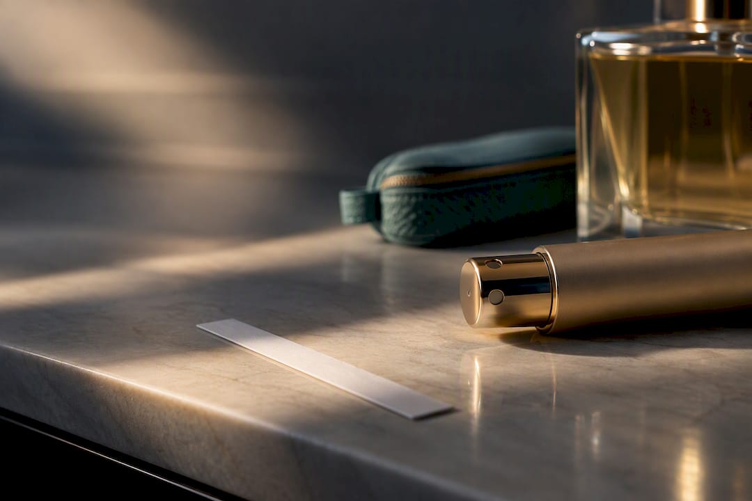 Partial atomizer beside fragrance bottle