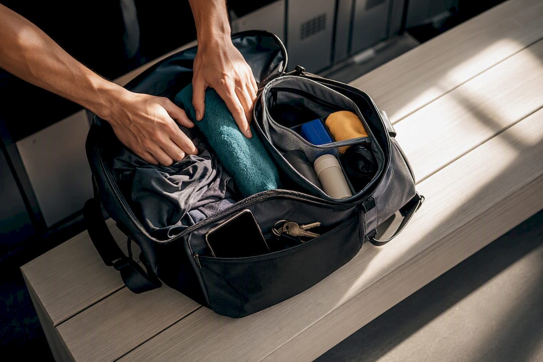 Hands organizing two zones in gym bag