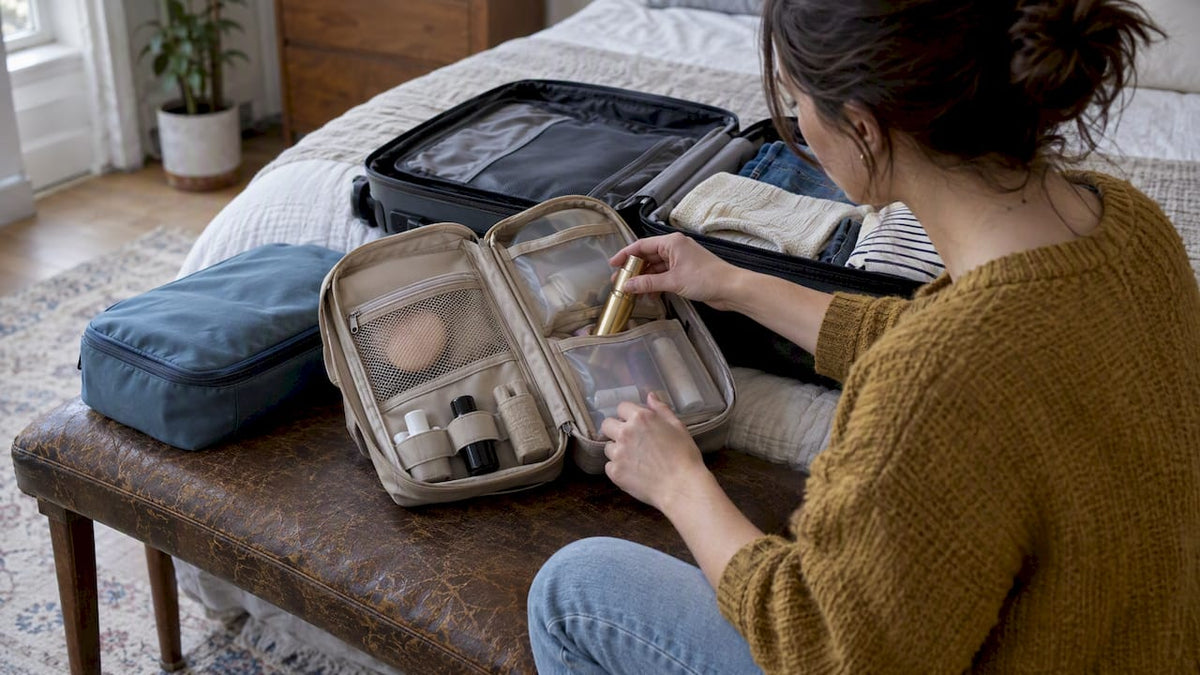 Open toiletry bag with perfume atomizer