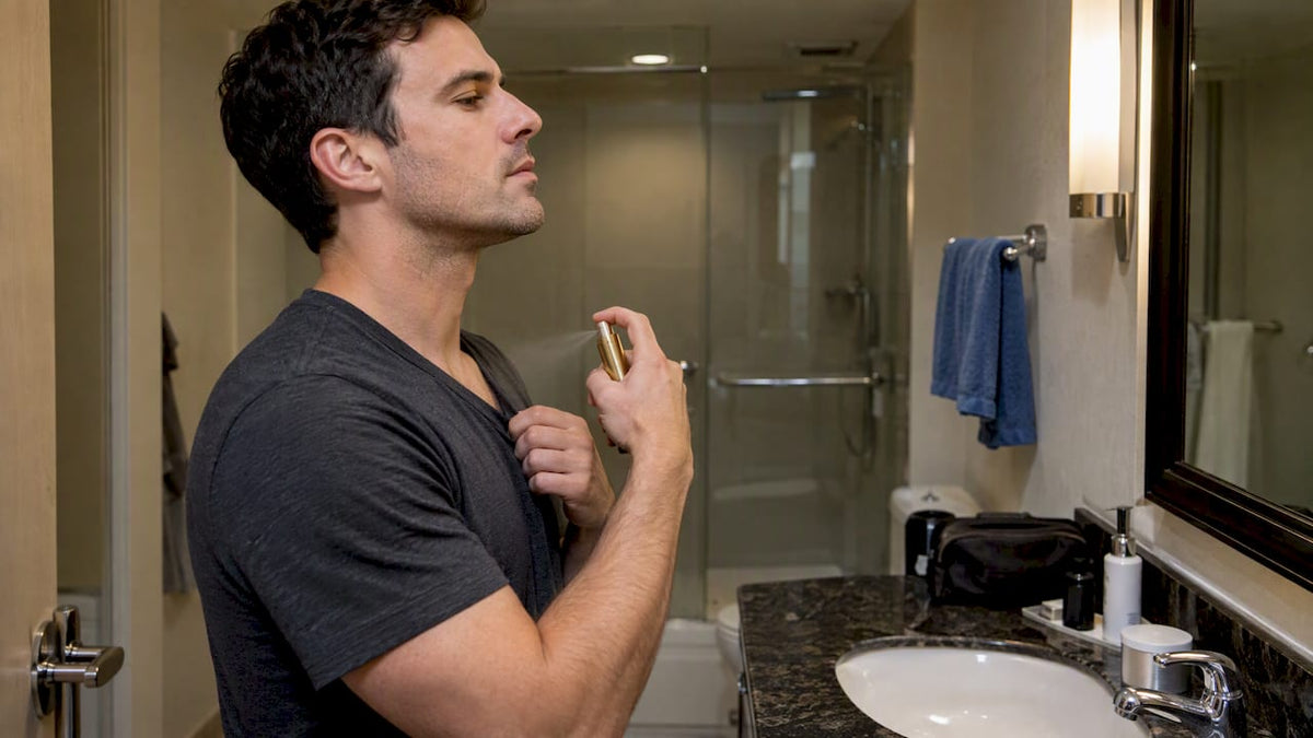 Traveler applying fragrance with a pocket atomizer