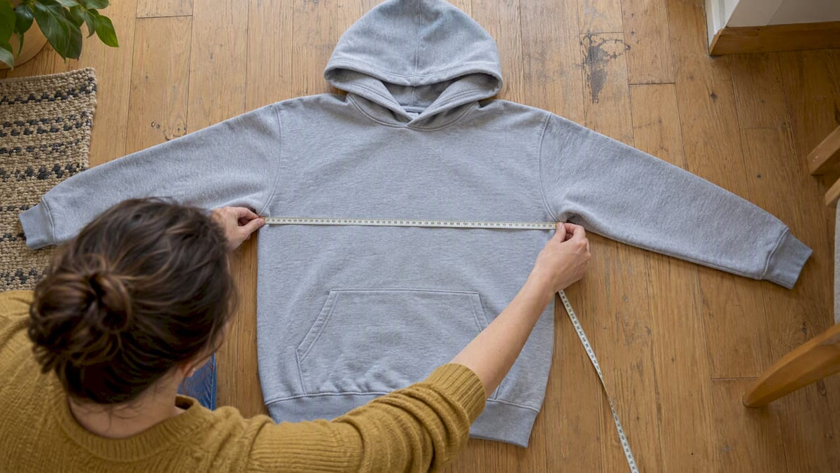 Hands measuring a hoodie laid flat