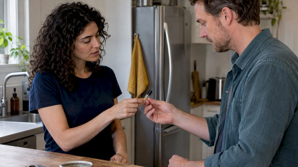 Two fragrance fans exchanging a perfume decant