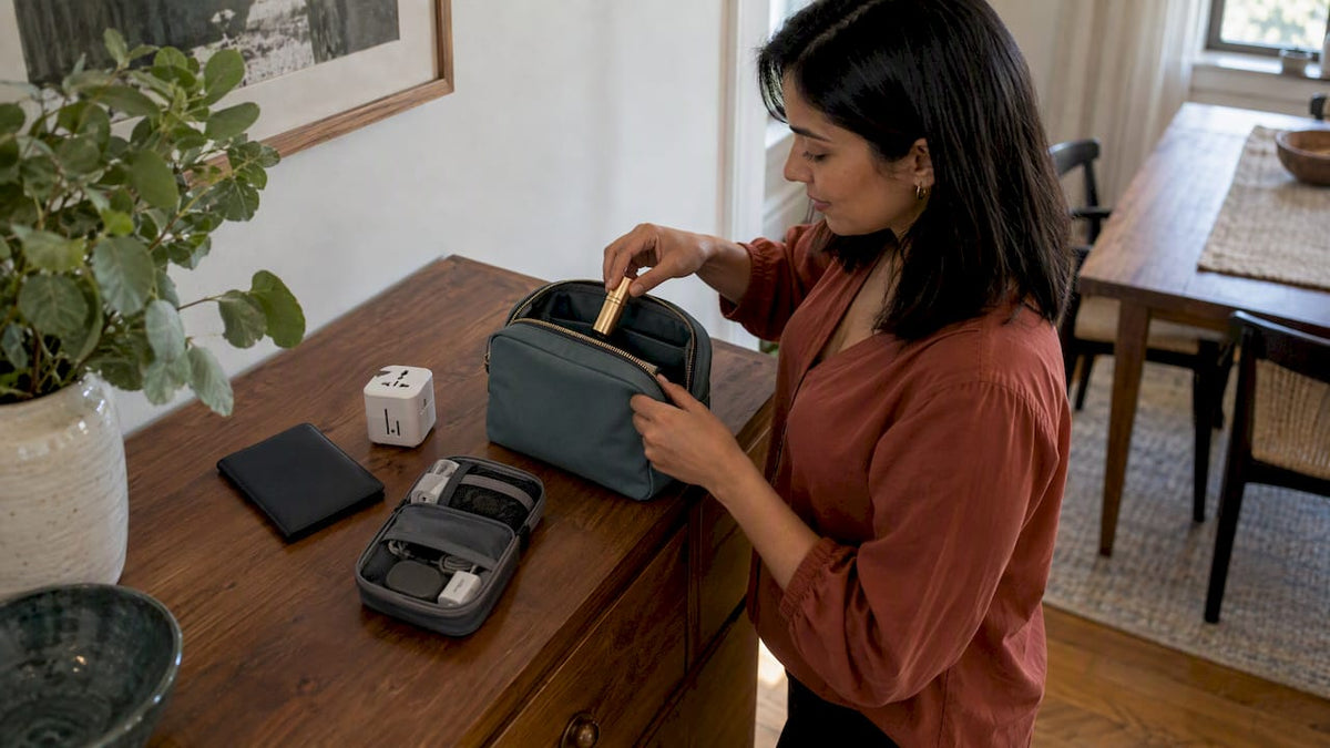 Traveler's essentials arranged into a practical gift set
