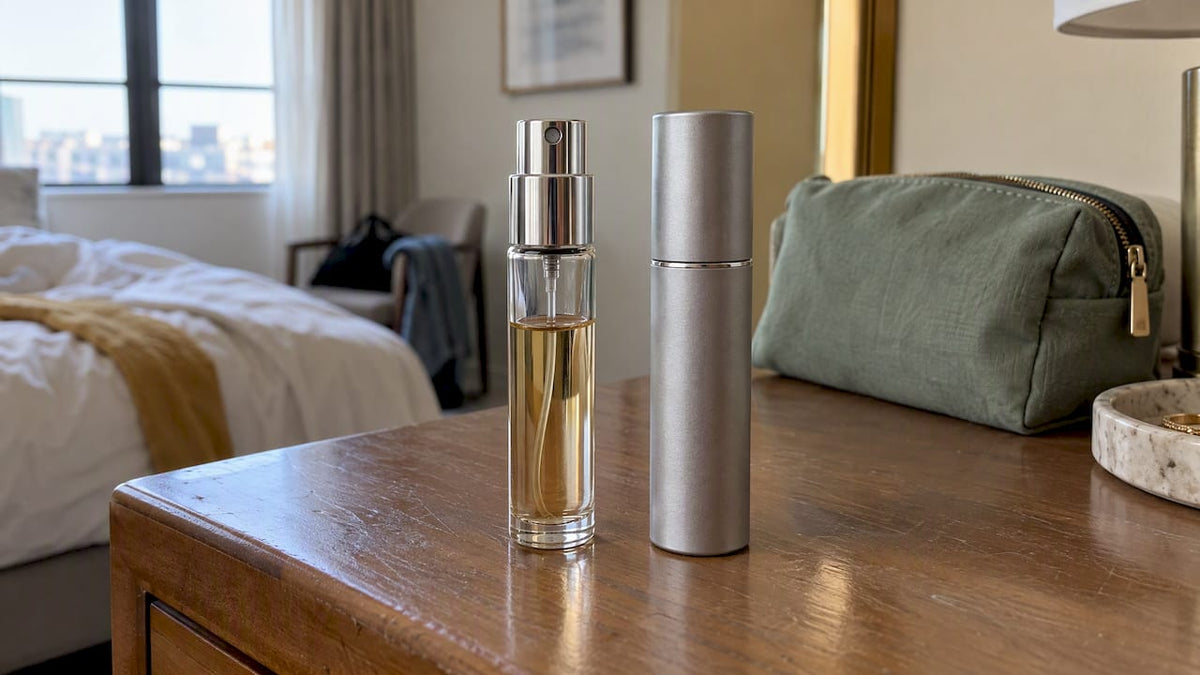 Clear and opaque perfume atomizers side by side