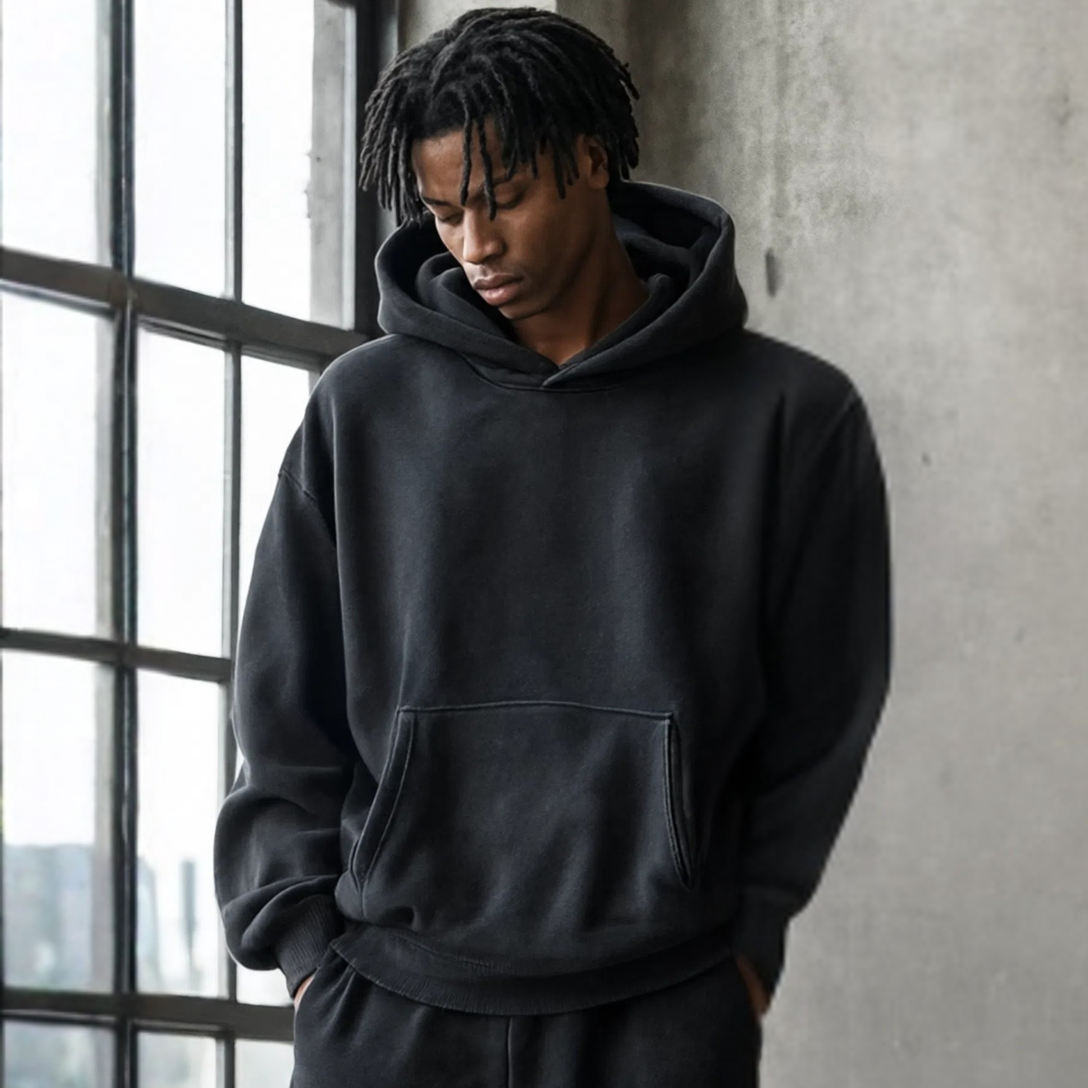 Person wearing a black hoodie standing against a concrete wall with large windows.