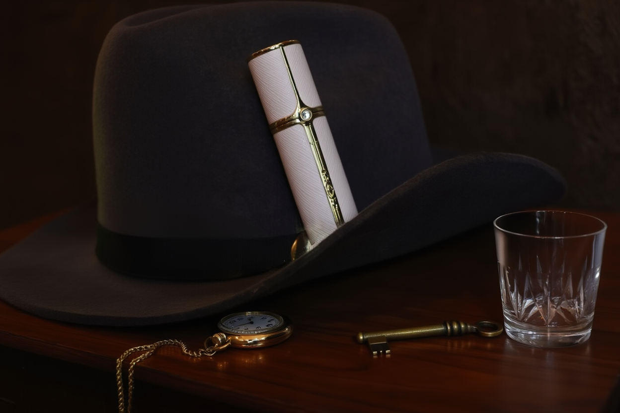 SPRITZ Olivier refillable perfume atomizer in white and gold — styled with hat and heirlooms