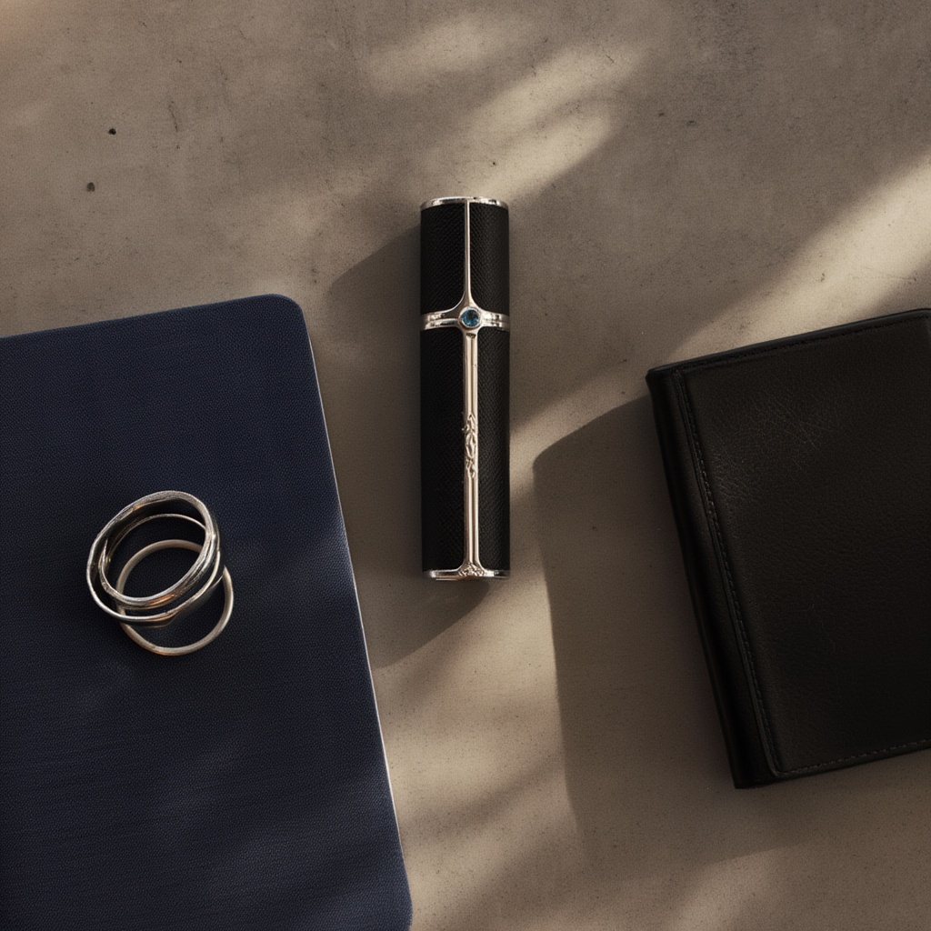 SPRITZ Olivier refillable perfume atomizer — flat lay with everyday essentials